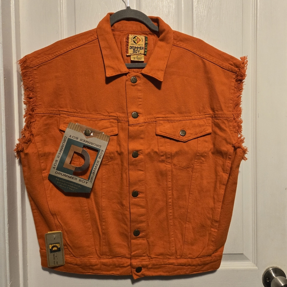 NWT Vintage 90s Deadstock Drummer Boy denim Jeans Jacket Vest Color Orange Sz M